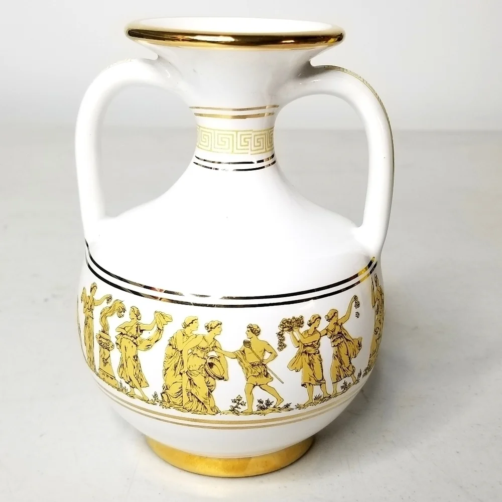 Vintage Neofitou Hand Made Hand Painted 24K Gold White Vase With Handles, Greece